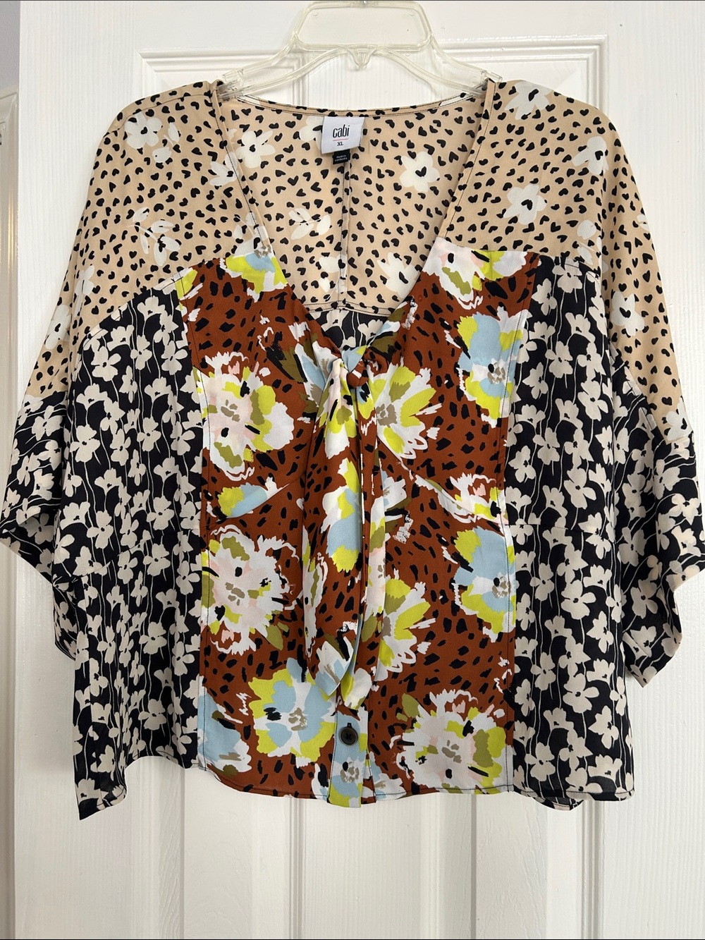 CAbi Mixed Floral & Spot Tie-Front Blouse in Brown, Black, White & Light Blue